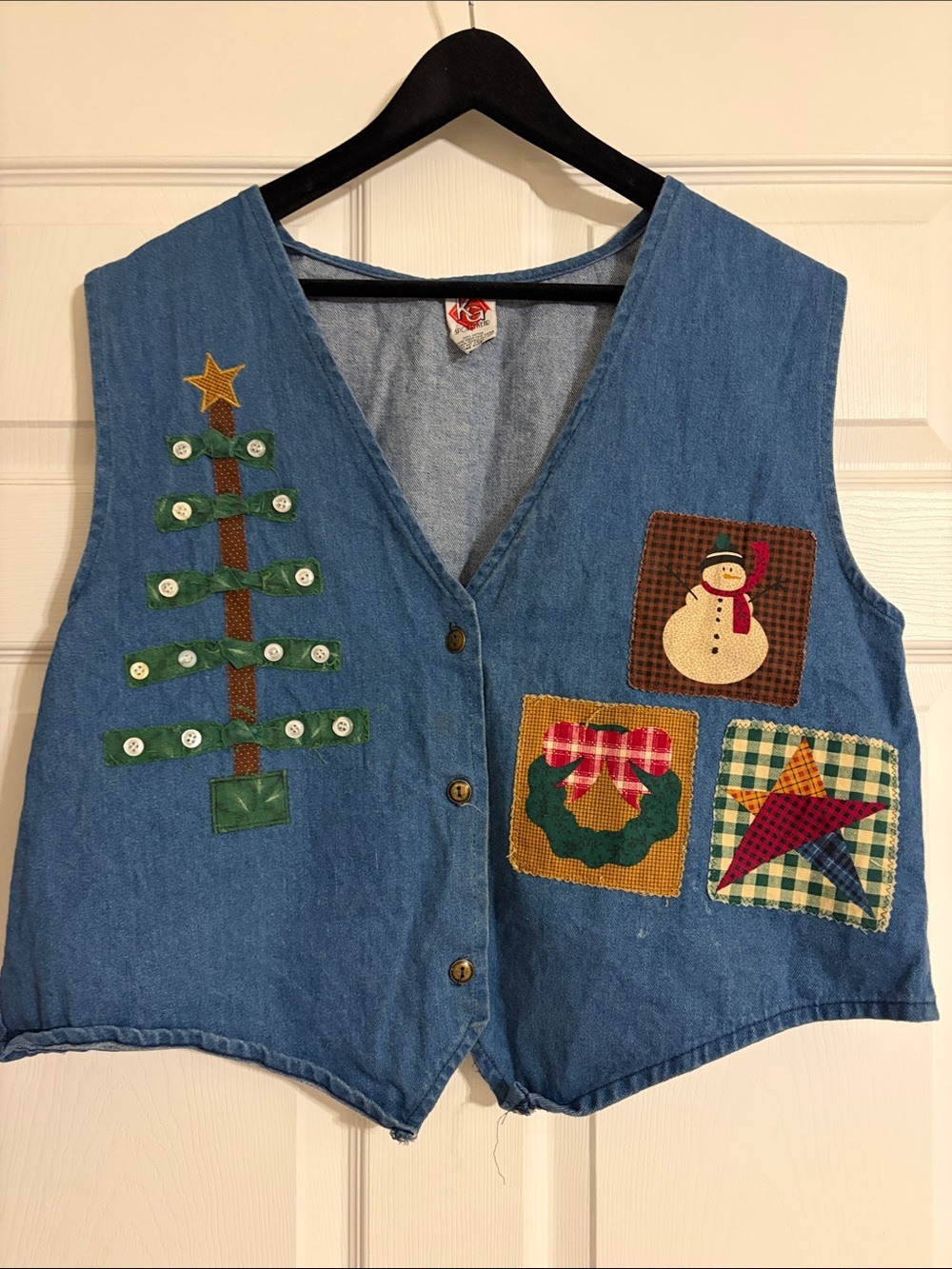 VTG 90s Christmas Denim Vest Patchwork Snowman Tree Retro - One Size